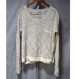Free People Lace Back Knit Sweater Boho Cream Crochet Pullover Large